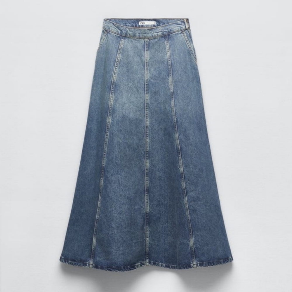 Zara Washed Blue Denim Panel Maxi Skirt
